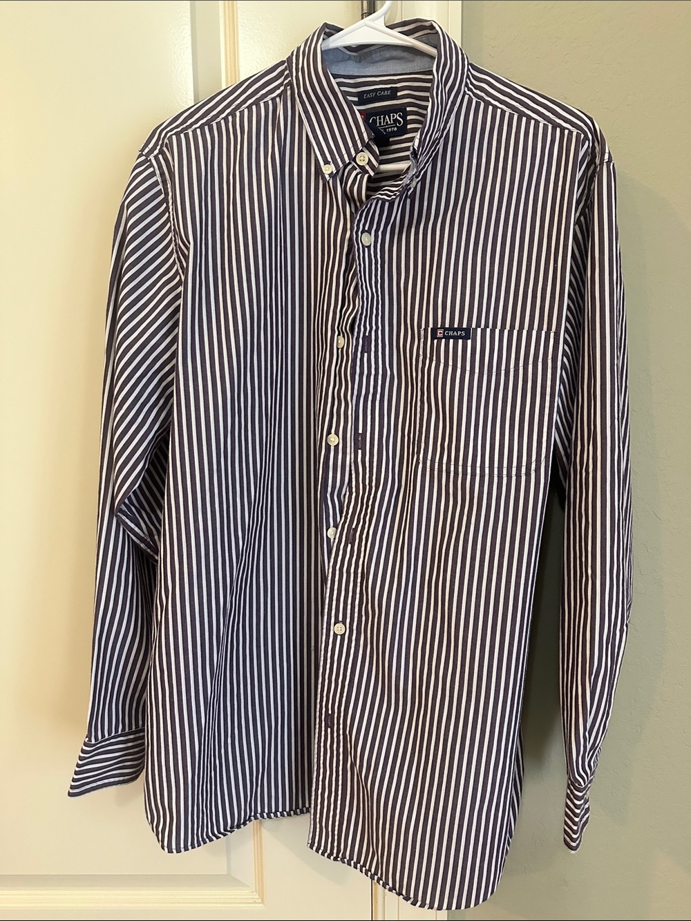 Chaps Navy and White Vertical Striped Button-Down Shirt